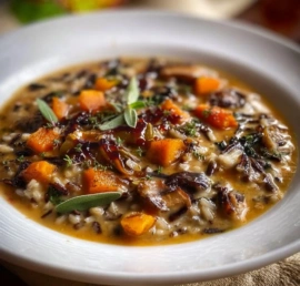 Bowl of cozy autumn wild rice soup garnished with herbs
