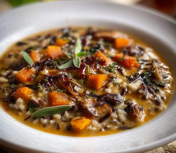 Bowl of cozy autumn wild rice soup garnished with herbs