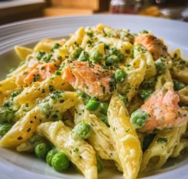 Creamy lemon salmon pasta with peas, garnished with herbs on a white plate