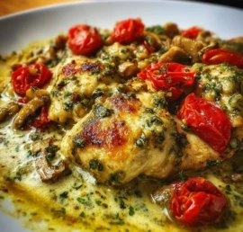 Delicious creamy pesto chicken dish garnished with fresh basil