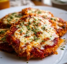 Crispy Ground Chicken Parmesan served with marinara sauce and fresh herbs