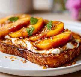Delicious air fryer peach toast topped with fresh peaches and drizzled with honey