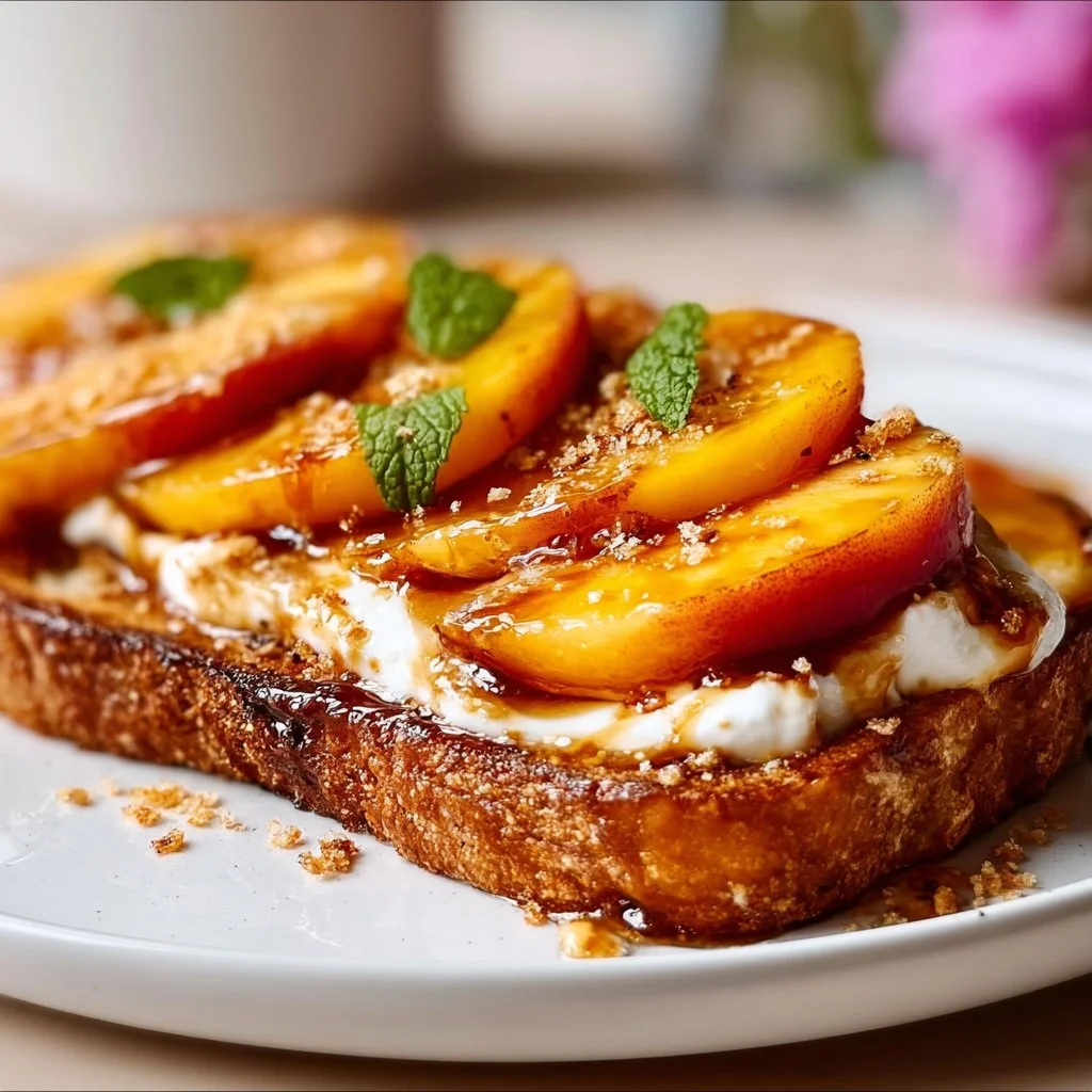 Delicious air fryer peach toast topped with fresh peaches and drizzled with honey