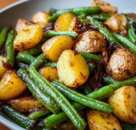 Delicious air fryer potatoes and green beans ready to serve.