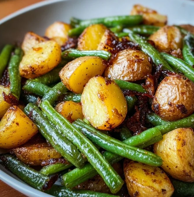 Delicious air fryer potatoes and green beans ready to serve.