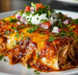 Delicious easy chicken enchiladas topped with cheese and fresh cilantro.
