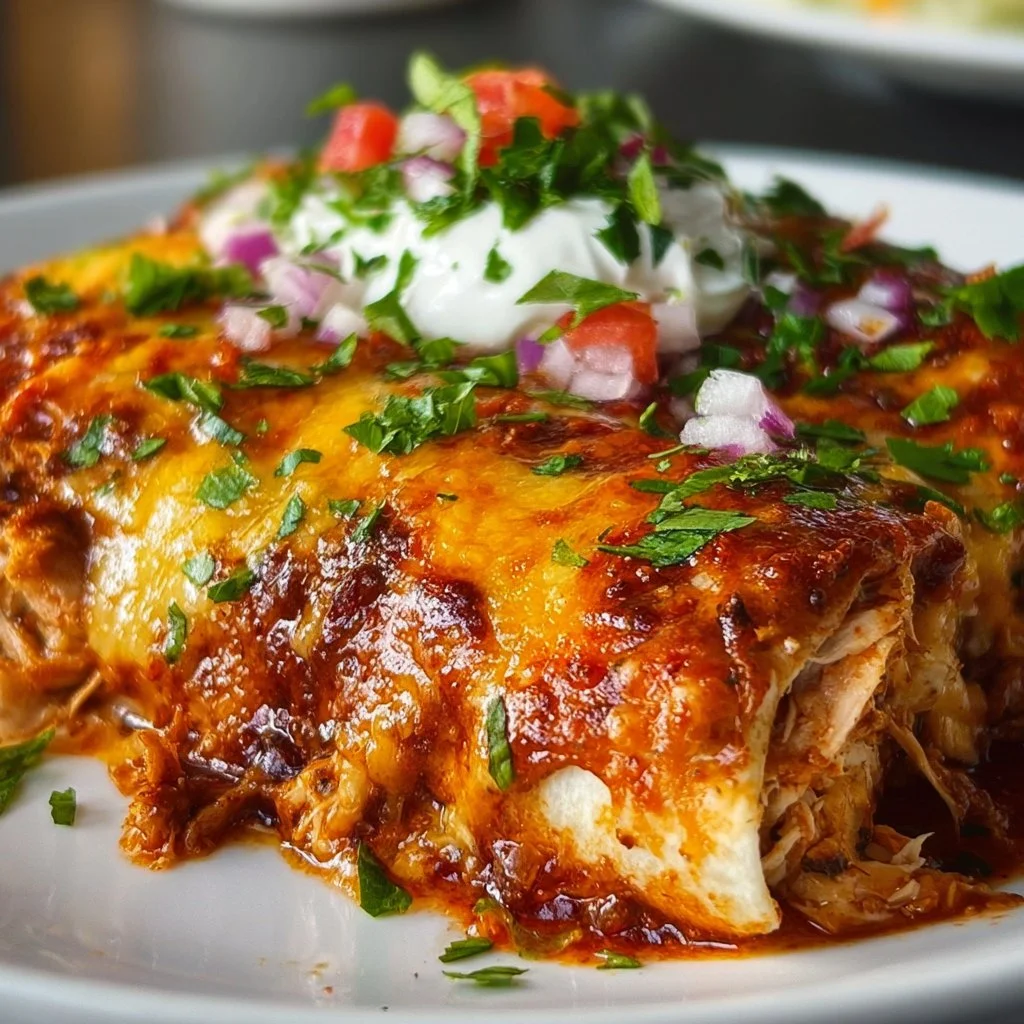 Delicious easy chicken enchiladas topped with cheese and fresh cilantro.