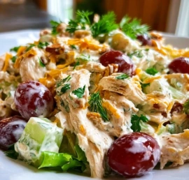 Delicious easy chicken salad served in a bowl with fresh vegetables