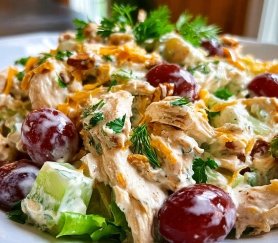 Delicious easy chicken salad served in a bowl with fresh vegetables