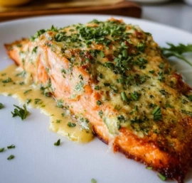 Delicious Dijon Baked Salmon served on a plate with herbs and lemon