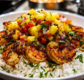 Easy shrimp rice bowl with pineapple salsa on a plate