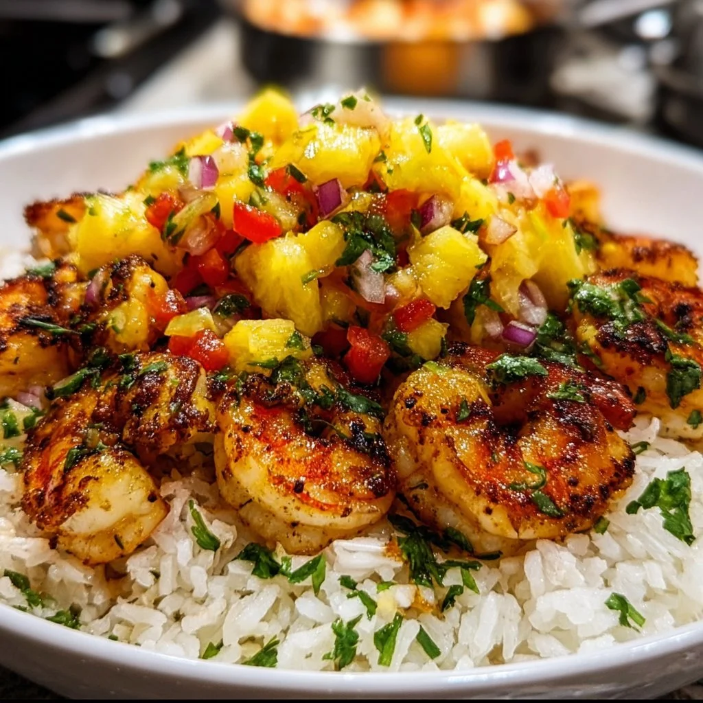 Easy shrimp rice bowl with pineapple salsa on a plate