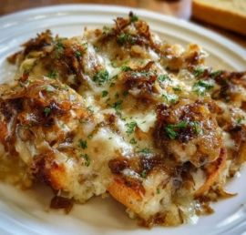 Delicious French Onion Chicken Casserole topped with melted cheese and onions.