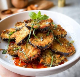 Crispy fried eggplant served on a plate, garnished with herbs.