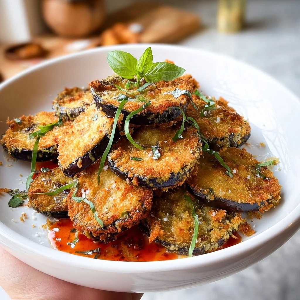 Crispy fried eggplant served on a plate, garnished with herbs.