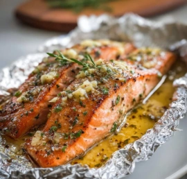 Garlic butter baked salmon in foil cooked to perfection for a quick meal.