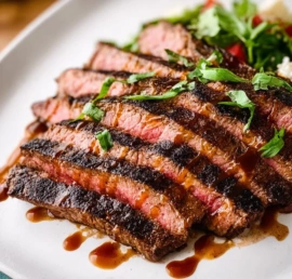 Juicy grilled flank steak on a plate with fresh herbs and garnishes
