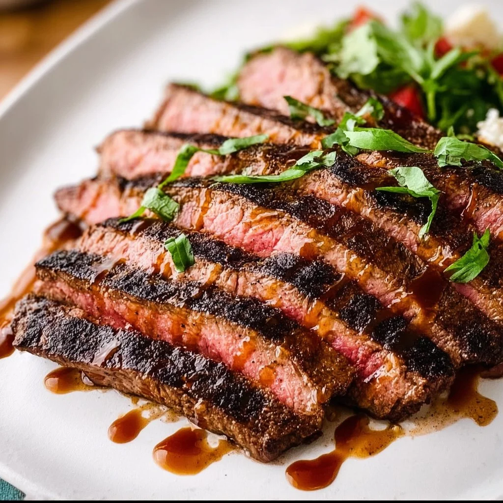 Juicy grilled flank steak on a plate with fresh herbs and garnishes