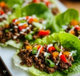 Ground beef lettuce wraps served on a plate with fresh vegetables