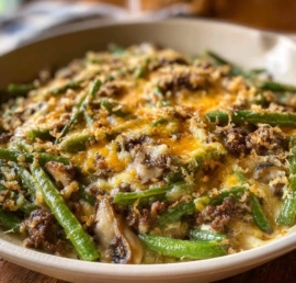 Delicious Hamburger Green Bean Casserole with Mushrooms baked in a casserole dish