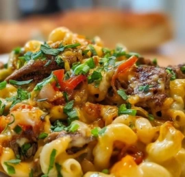 High-Protein Philly Cheesesteak Mac topped with melted cheese and peppers