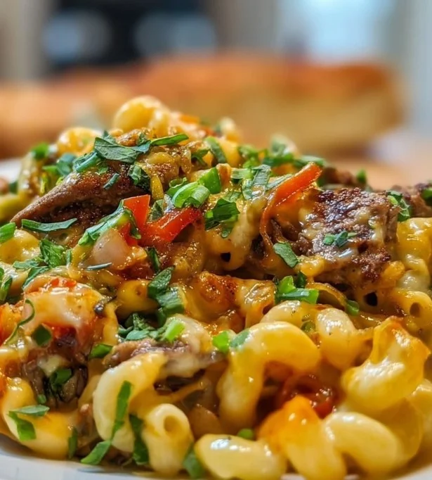 High-Protein Philly Cheesesteak Mac topped with melted cheese and peppers