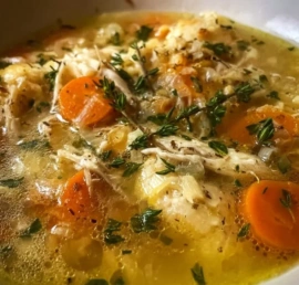 Bowl of homemade chicken soup with vegetables and herbs