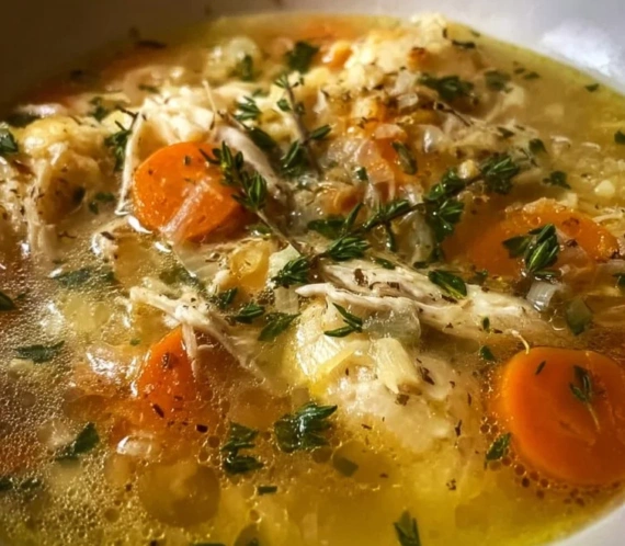 Bowl of homemade chicken soup with vegetables and herbs
