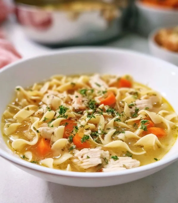 Bowl of homemade turkey noodle soup with vegetables and herbs