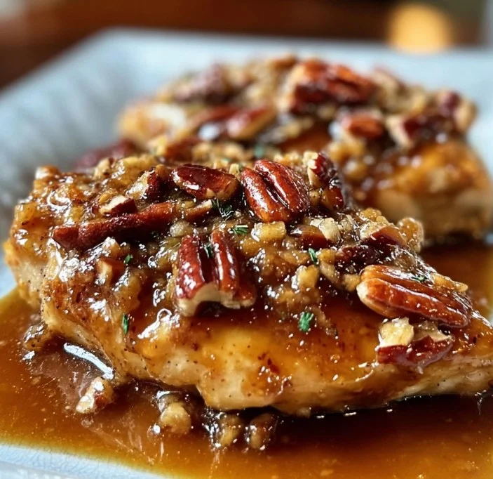 Honey Garlic Pecan Chicken dish with tender chicken and crunchy pecans