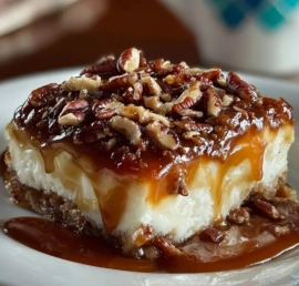 Delicious Butter Pecan Praline Poke Cake with nuts and caramel topping