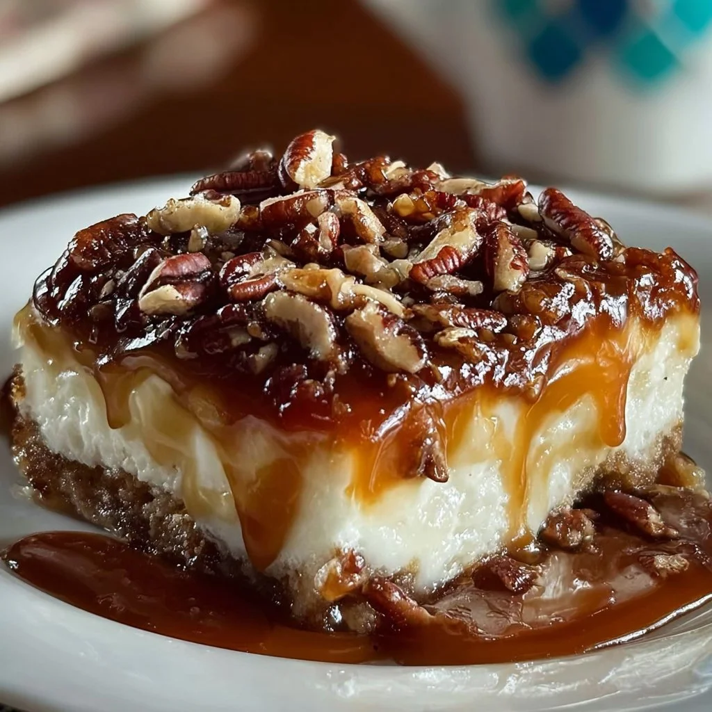 Delicious Butter Pecan Praline Poke Cake with nuts and caramel topping