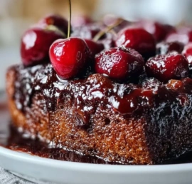 Indulgent Chocolate Cherry Upside Down Cake with cherries and chocolate drizzled.