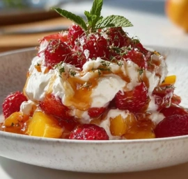 Delicious mid-summer Eton Mess with berries and whipped cream
