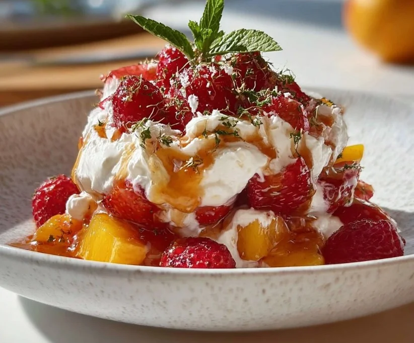 Delicious mid-summer Eton Mess with berries and whipped cream
