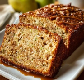 Moist apple zucchini bread slice on a wooden table