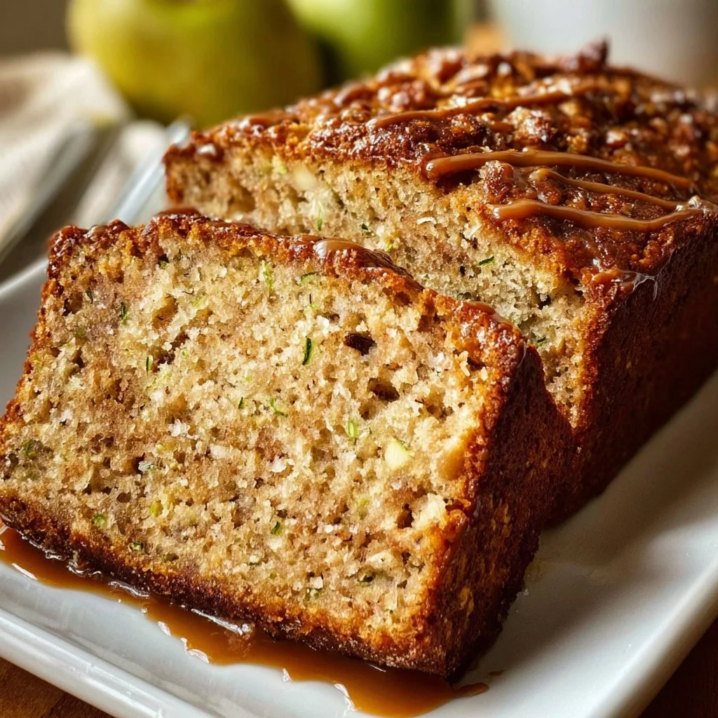 Moist apple zucchini bread slice on a wooden table