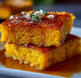 Delicious honey butter cornbread topped with sweet potatoes and honey drizzle