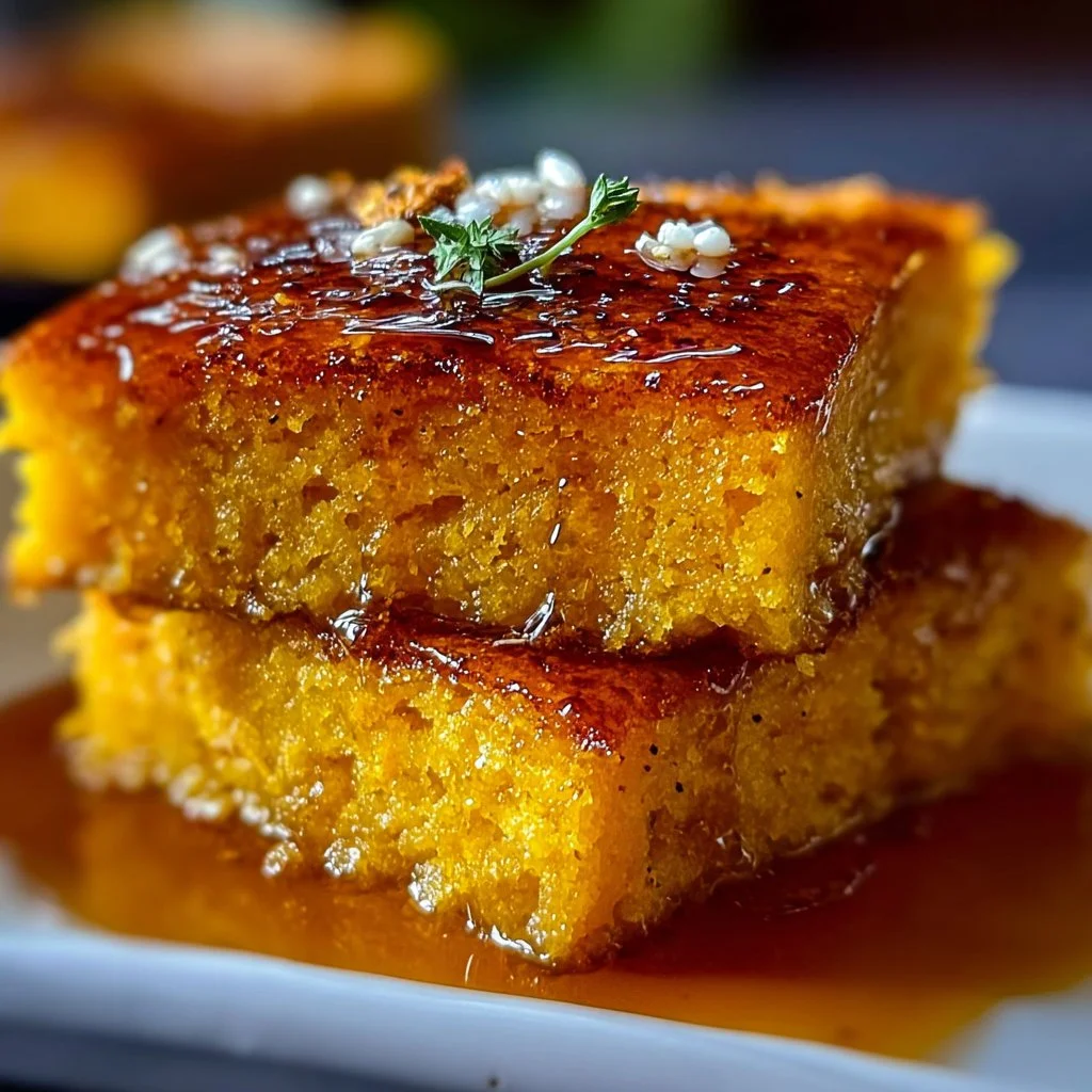 Delicious honey butter cornbread topped with sweet potatoes and honey drizzle