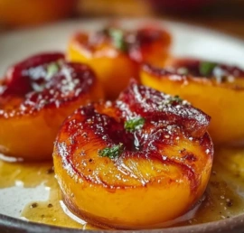 Delicious honey roasted peaches garnished with herbs and served warm on a plate.