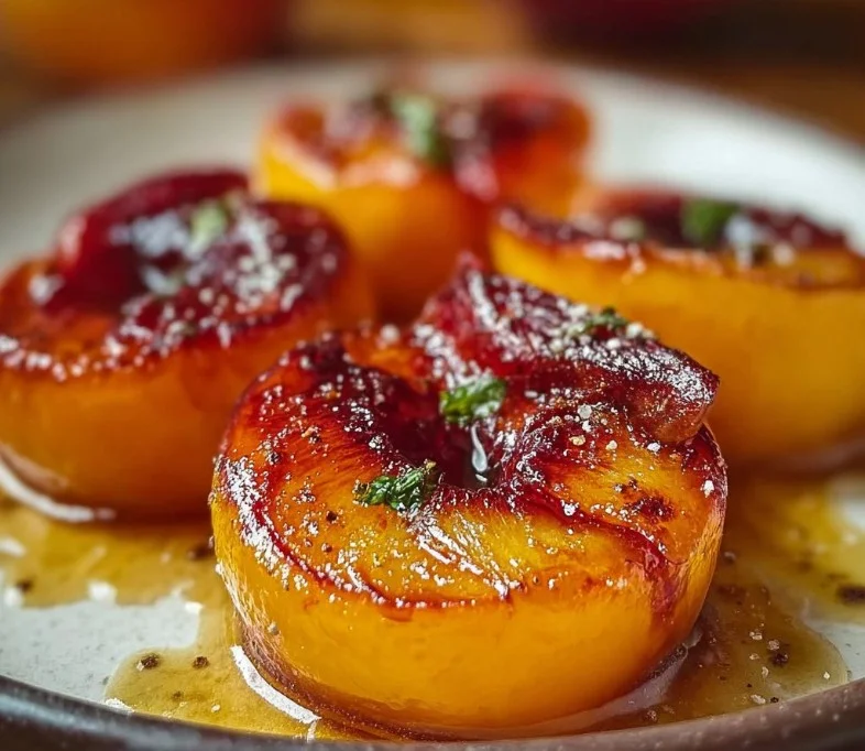 Delicious honey roasted peaches garnished with herbs and served warm on a plate.