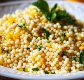 Delicious lemon butter pearl couscous served in a bowl