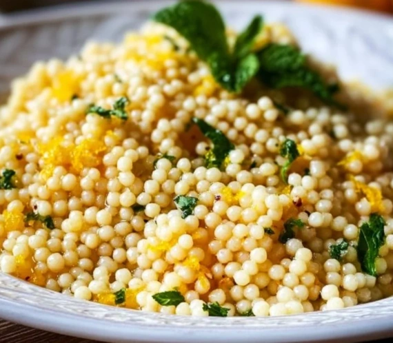 Delicious lemon butter pearl couscous served in a bowl