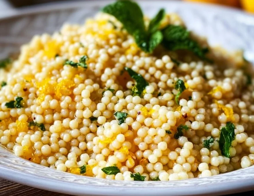 Delicious lemon butter pearl couscous served in a bowl