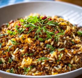 Bowl of Mediterranean lentils and rice garnished with herbs and vegetables.