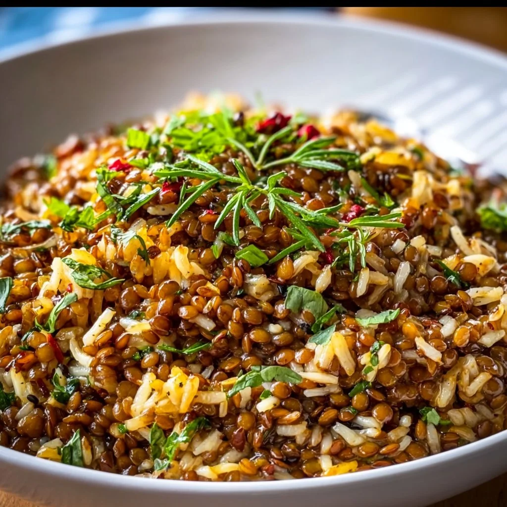 Bowl of Mediterranean lentils and rice garnished with herbs and vegetables.