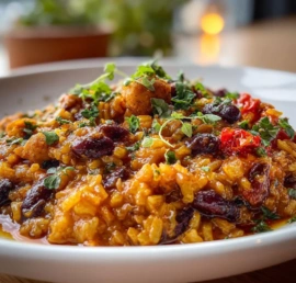 Colorful Mediterranean Rice and Beans dish showcasing one-pot cooking presentation.