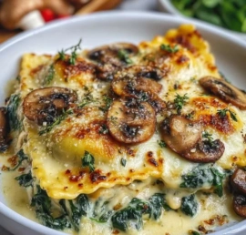 Mushroom Ravioli Casserole with Spinach topped with cheese