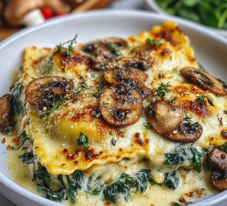 Mushroom Ravioli Casserole with Spinach topped with cheese