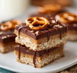 No-bake peanut butter pretzel bars on a plate, topped with chocolate drizzle.